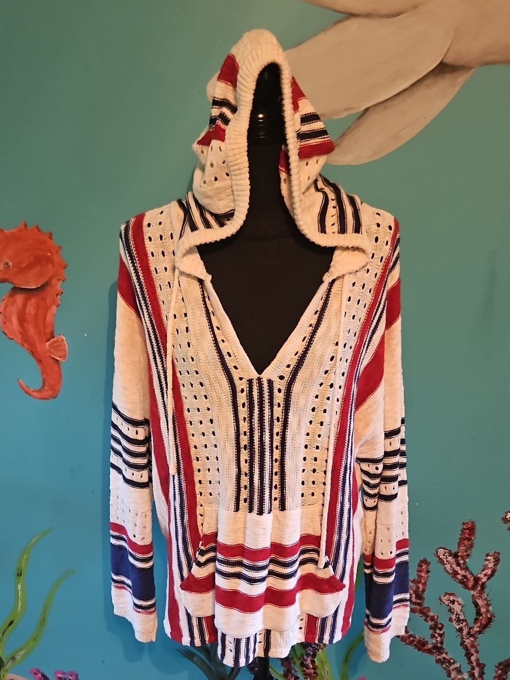 Striped Hooded Knit Sweater in Cream, Red & Navy